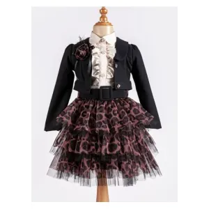  LUXE Elegant Set, Bolero, Tulle Skirt with Leopard Print, Belt, and Shirt