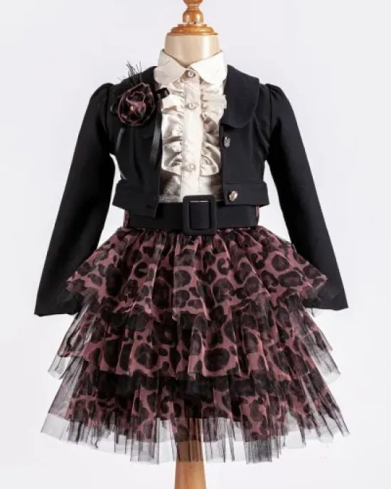  LUXE Elegant Set, Bolero, Tulle Skirt with Leopard Print, Belt, and Shirt